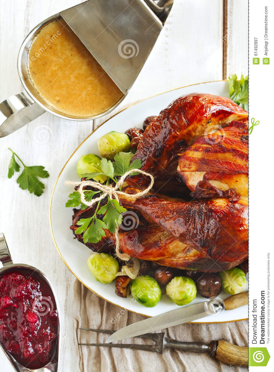 Sprouts Thanksgiving Turkey
 Roasted Turkey With Bacon And Garnished With Chestnuts And