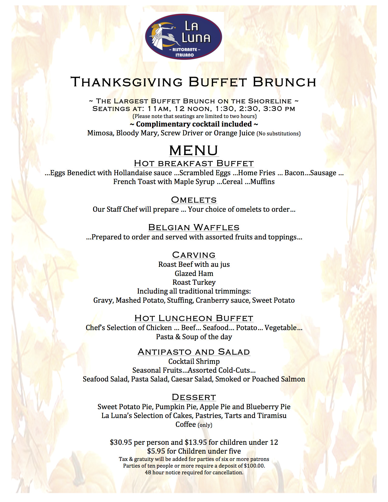 Thanksgiving Breakfast Menus
 La Luna Ristorante Italiano Branford CT