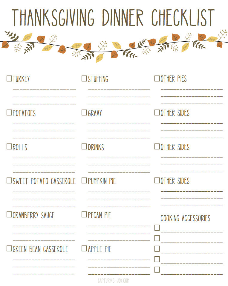 Thanksgiving Dinner Food List
 Printable Thanksgiving Dinner Checklist and Recipes