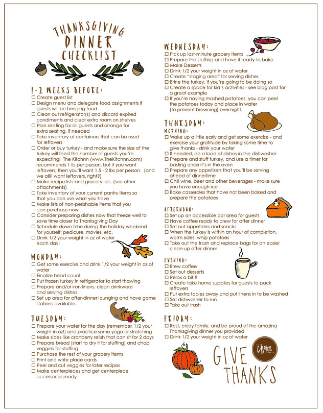 Thanksgiving Dinner Food List
 Free Printable Thanksgiving Checklist and Place Cards