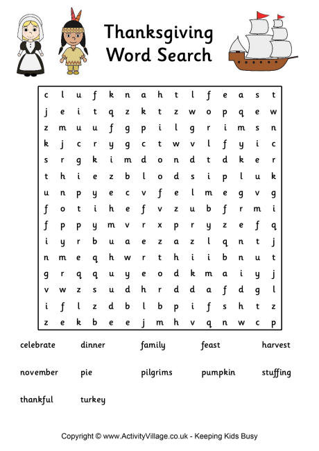 Thanksgiving Dinner Word Whizzle Search
 Thanksgiving Word Search 2