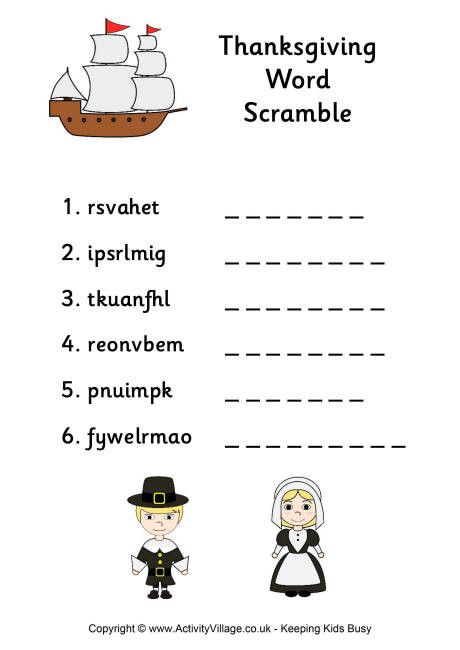 Thanksgiving Dinner Word Whizzle Search
 Thanksgiving Word Scramble 1