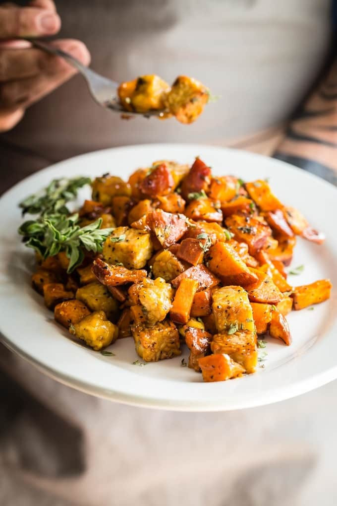 Thanksgiving Roasted Sweet Potatoes
 Roasted Sweet Potatoes with Tempeh Chunks Foodness Gracious
