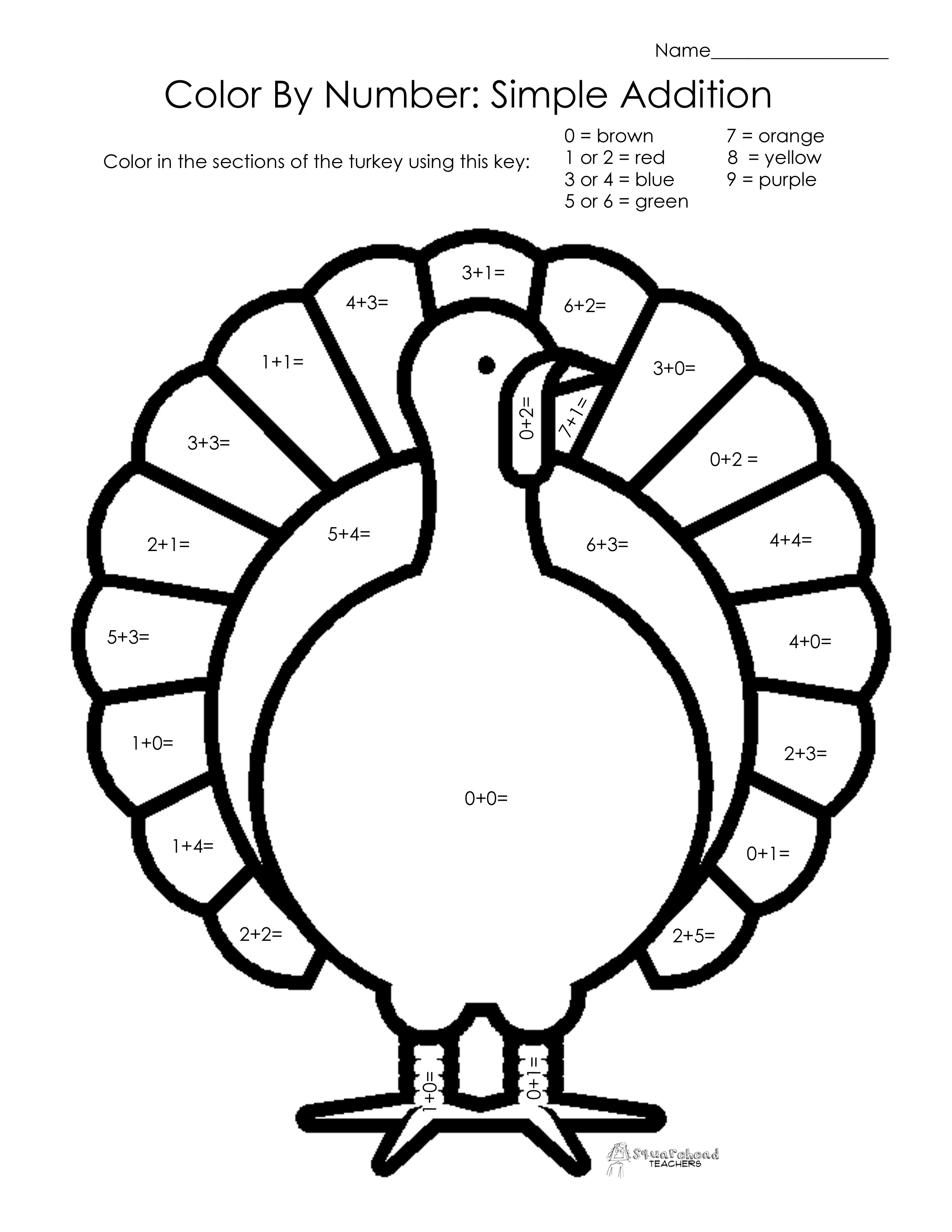 Thanksgiving Turkey Coloring Page
 Thanksgiving Color By Number Simple Addition
