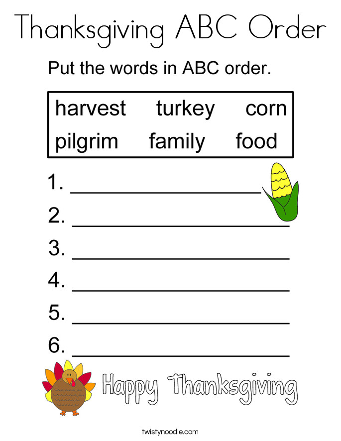 Thanksgiving Turkey Order
 Thanksgiving ABC Order Coloring Page Twisty Noodle