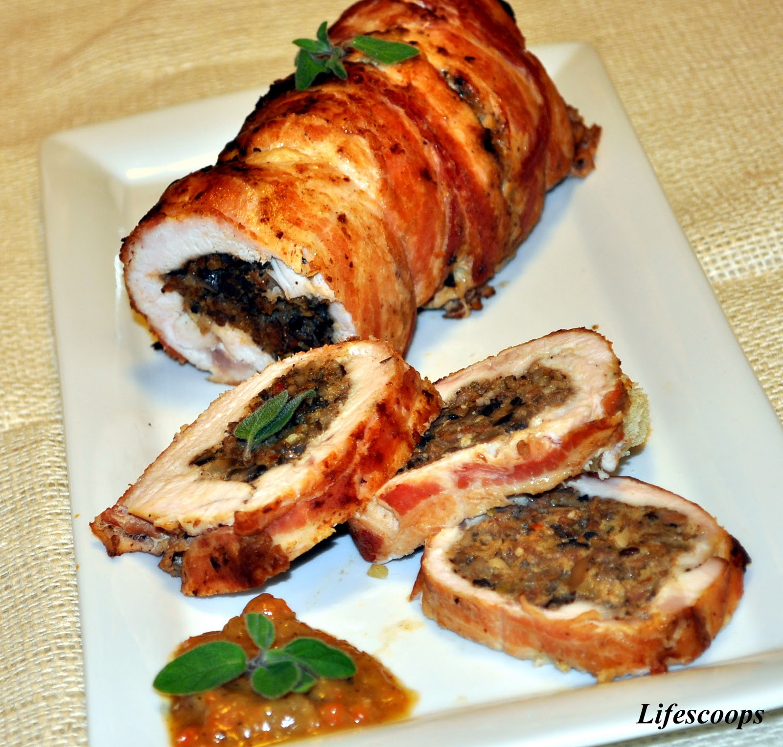 Thanksgiving Turkey With Bacon
 Life Scoops Bacon wrapped Sausage and Portobello Mushroom