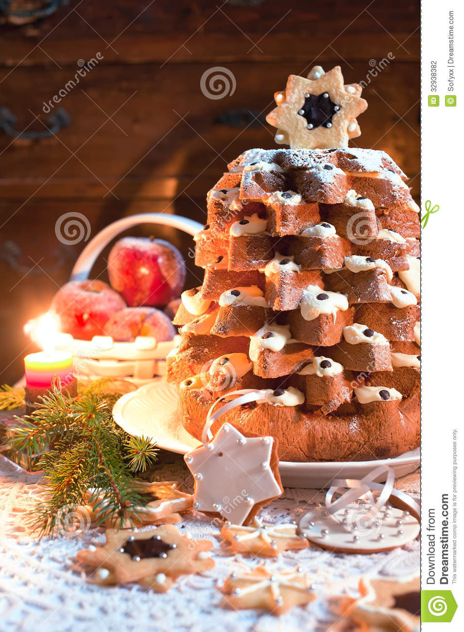 Traditional Christmas Sweet Bread
 Christmas Tree Pandoro With Candle Light Stock graphy