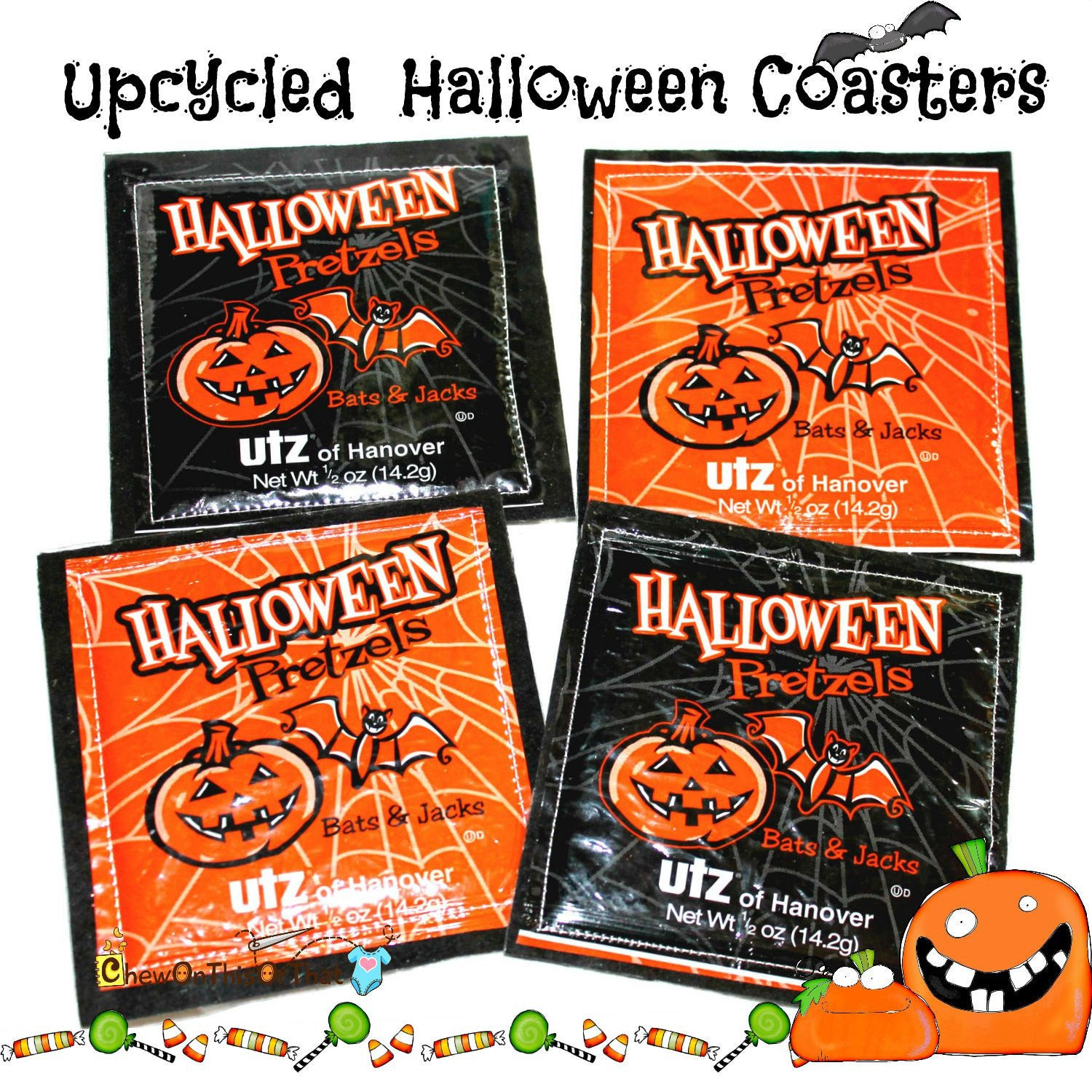 Utz Halloween Pretzels
 Upcycled Halloween Utz Pumpkin and Bats Pretzel Coasters Set